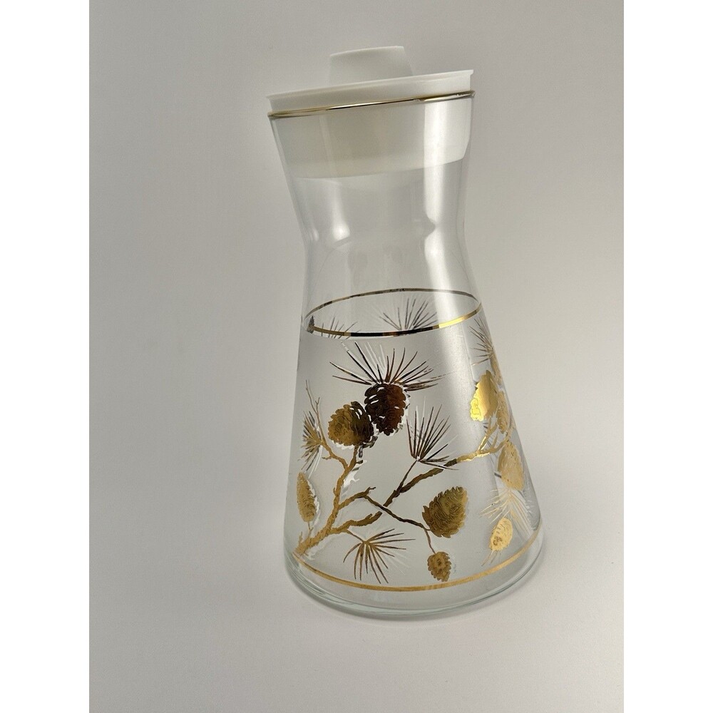Vintage Libbey Gold Pine Cone Glass Carafe MCM David Douglas Lid